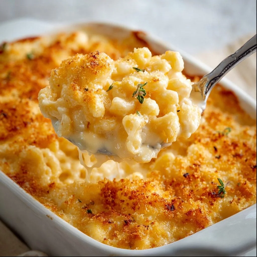 Homemade baked mac and cheese dish topped with golden cheese and breadcrumbs.