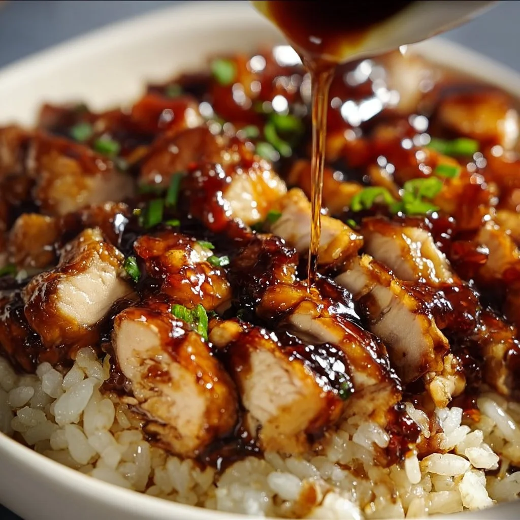 Delicious Honey BBQ Chicken served over rice with a savory glaze.