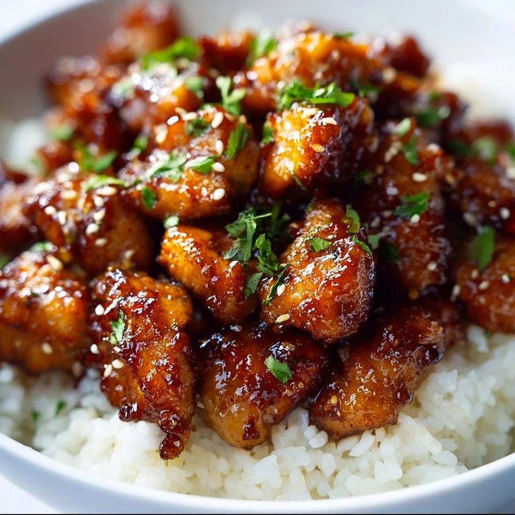Plate of Honey Garlic Chicken garnished with green onions and sesame seeds