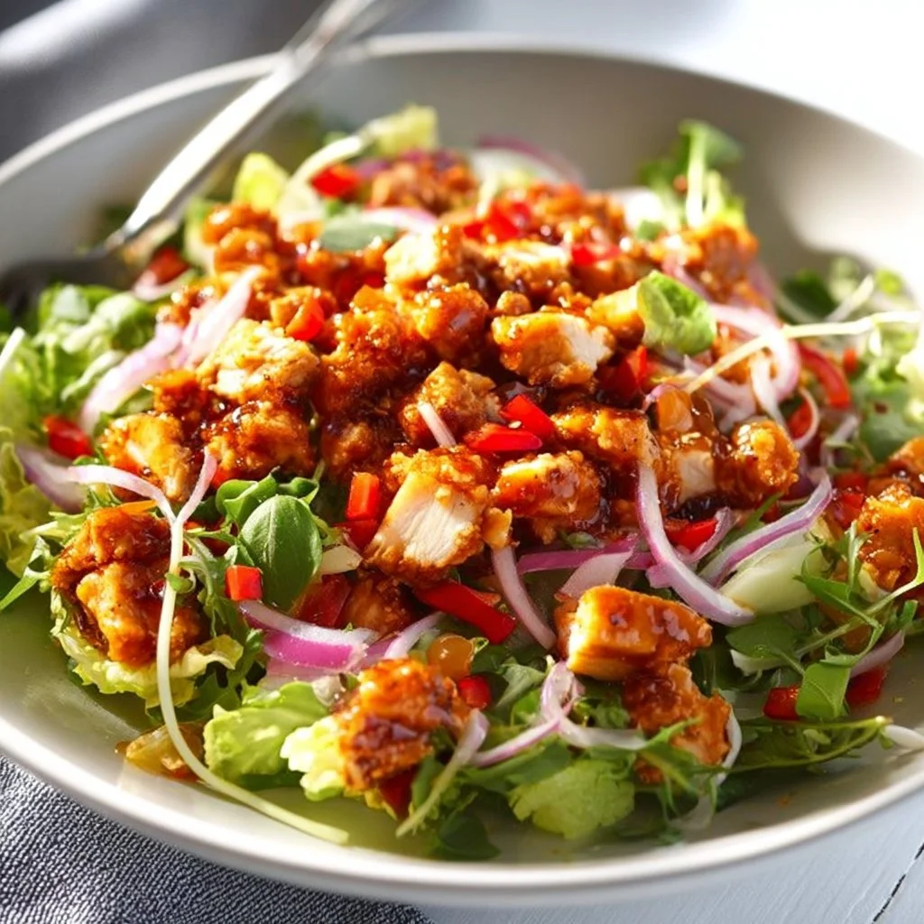 Delicious Honey Hot Chicken Salad with spicy drizzle and fresh ingredients
