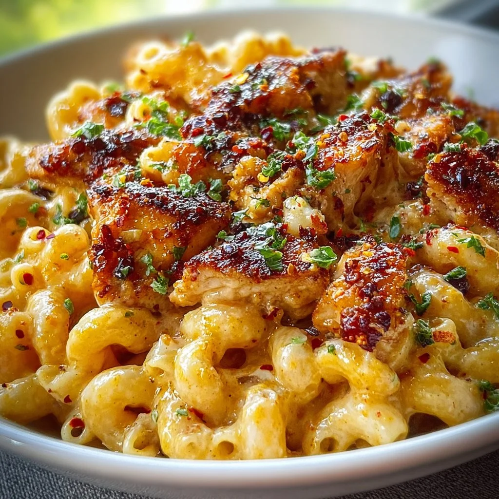 Delicious Honey Pepper Chicken Mac and Cheese served in a bowl