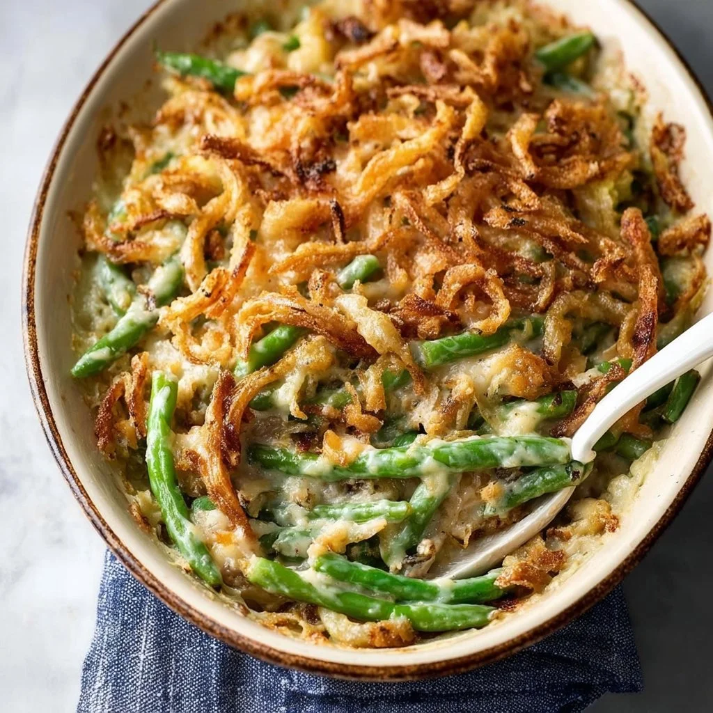 Delicious Ina Garten green bean casserole served in a baking dish