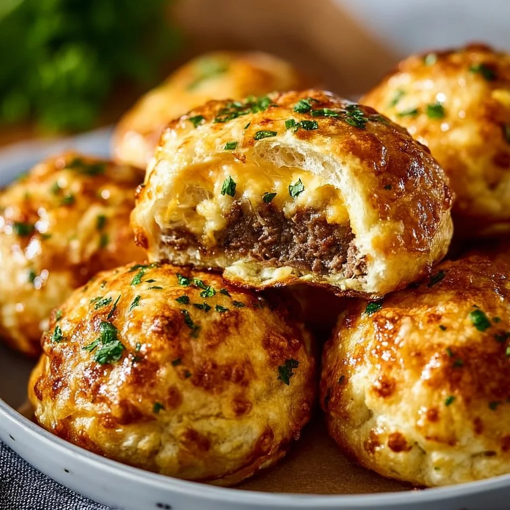 Garlic Parmesan Cheeseburger Bombs on a plate, garnished with herbs.