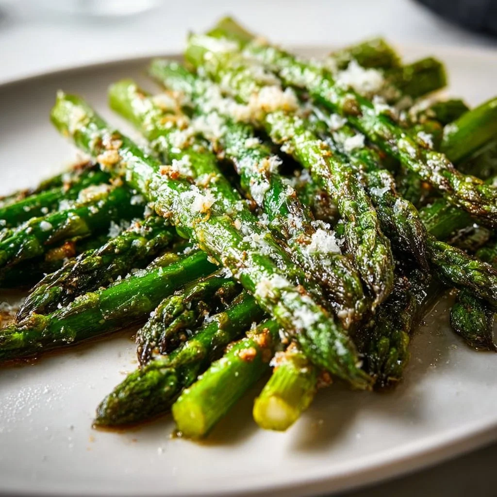 Garlic parmesan roasted asparagus on a serving platter