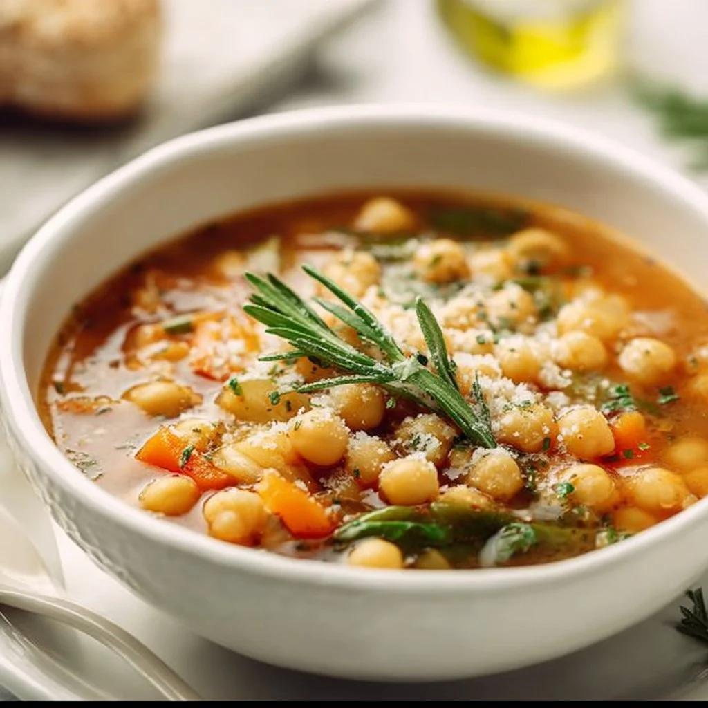 Bowl of Italian chickpea soup topped with herbs and spices