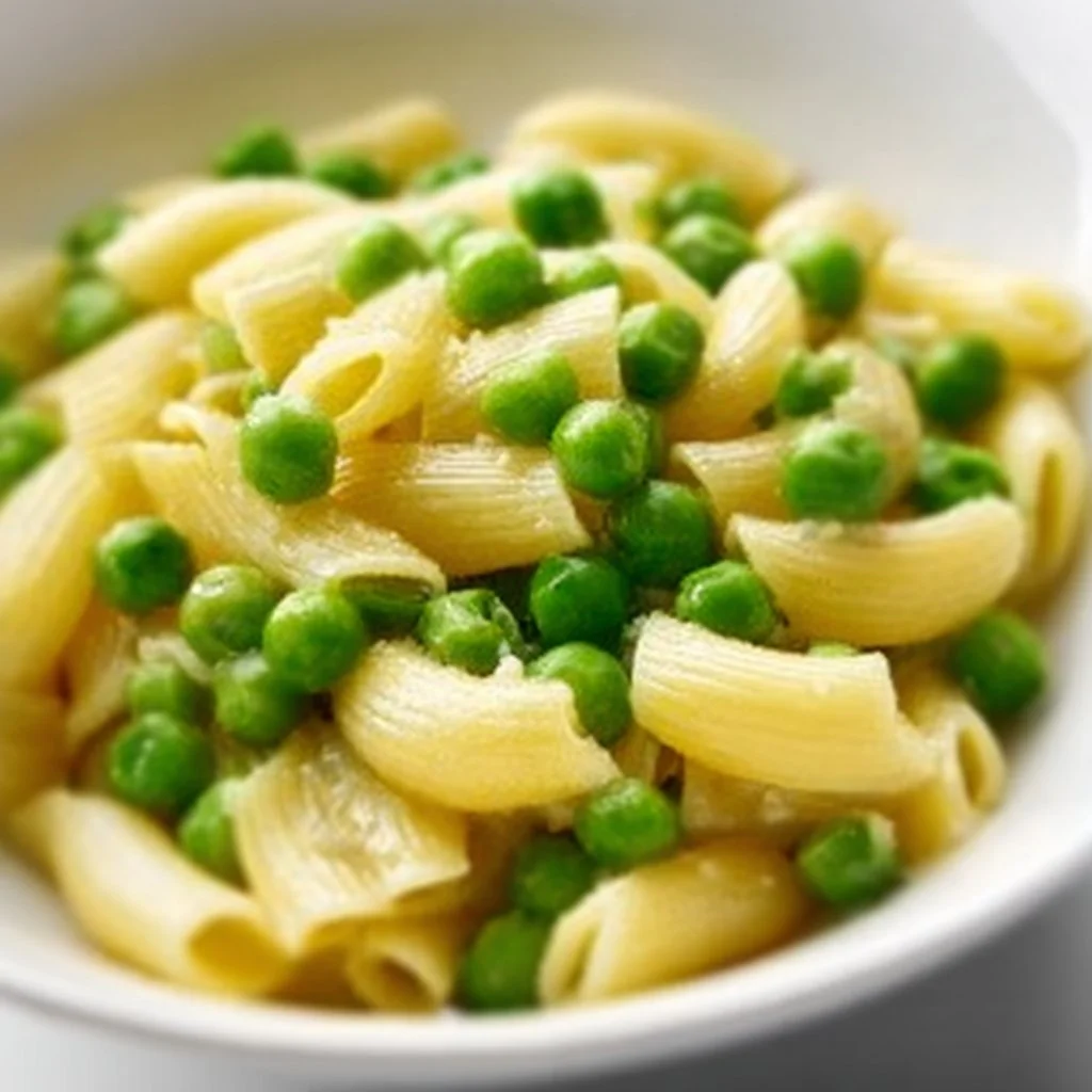 Plate of Italian pasta with peas garnished with Parmesan cheese