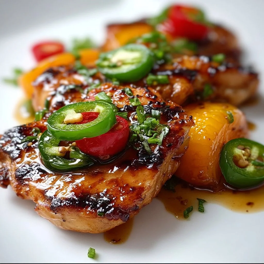 Jalapeño Peach Chicken dish featuring spicy jalapeños and sweet peaches