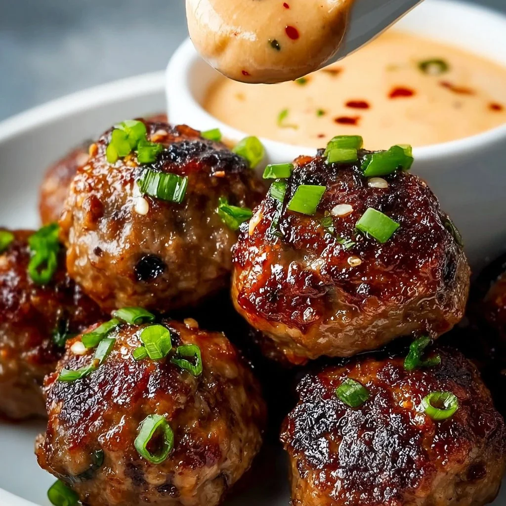 Korean BBQ meatballs served with spicy mayo dip on a plate