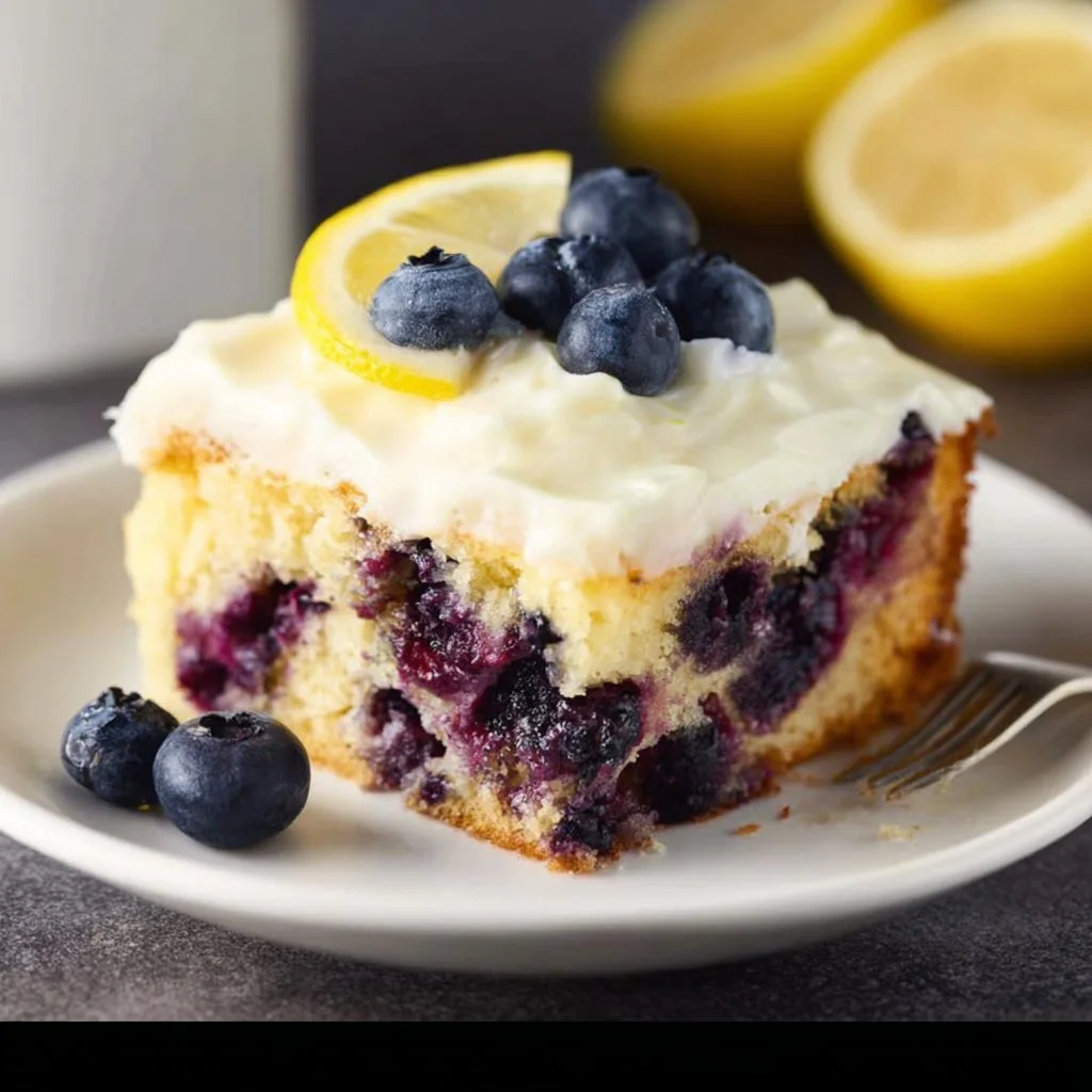 Deliciously moist Lemon Blueberry Cake topped with fresh blueberries and lemon zest.