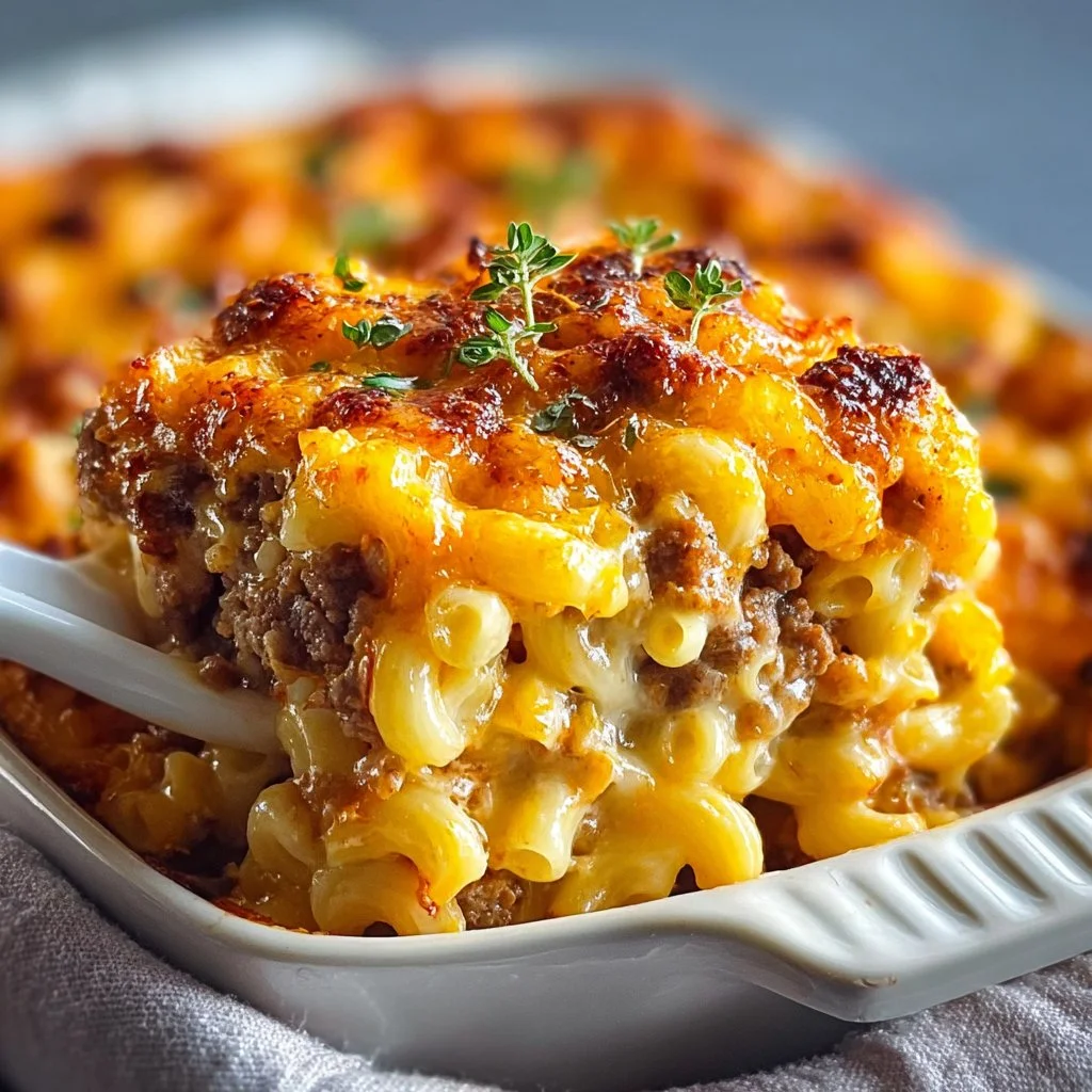 Delicious Mac and Cheese Meatloaf Casserole served in a dish