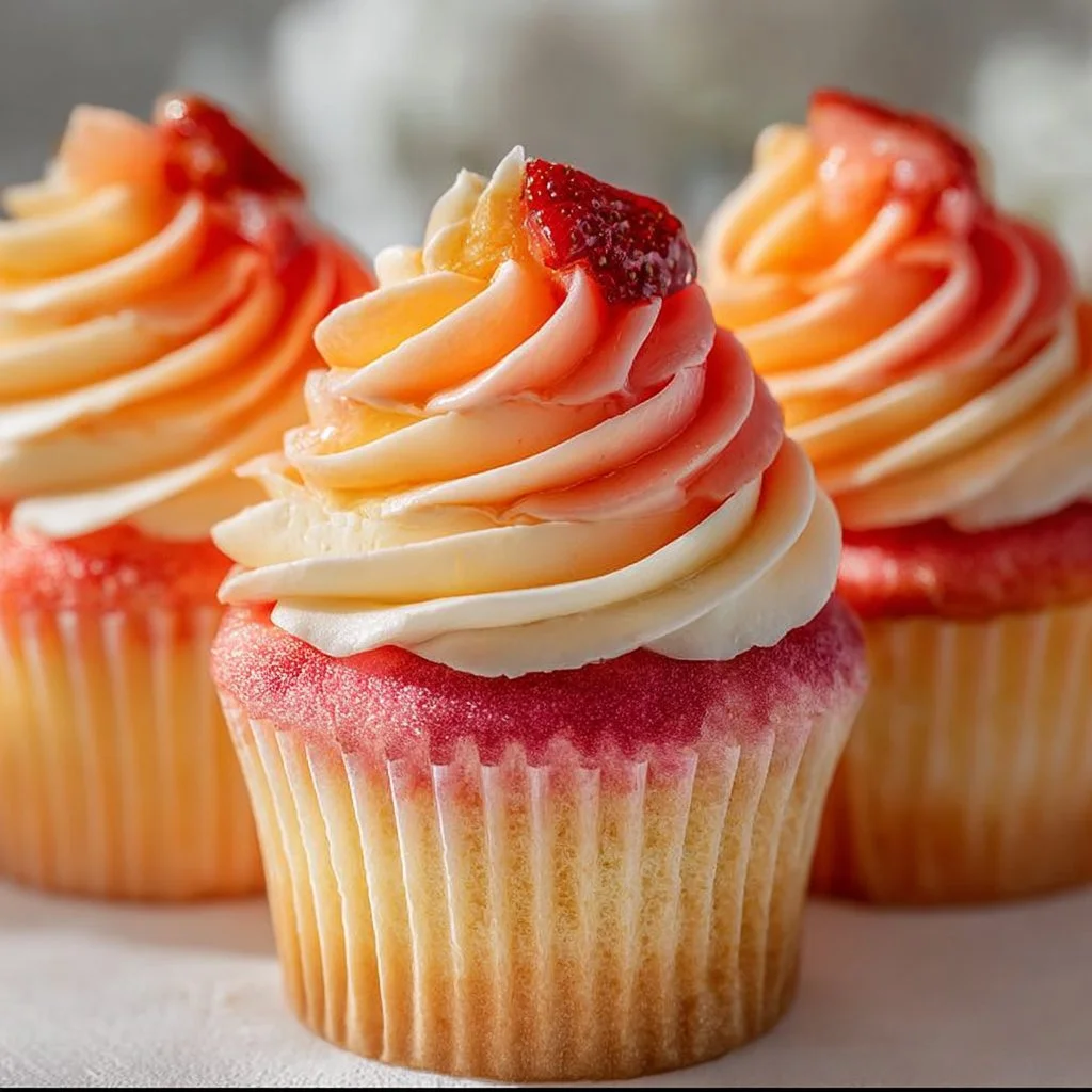Mango Strawberry Sunset Cupcakes decorated with fresh fruit and frosting