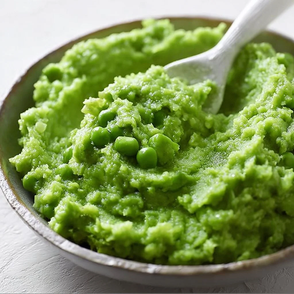 Bowl of creamy mashed peas served with a spoon