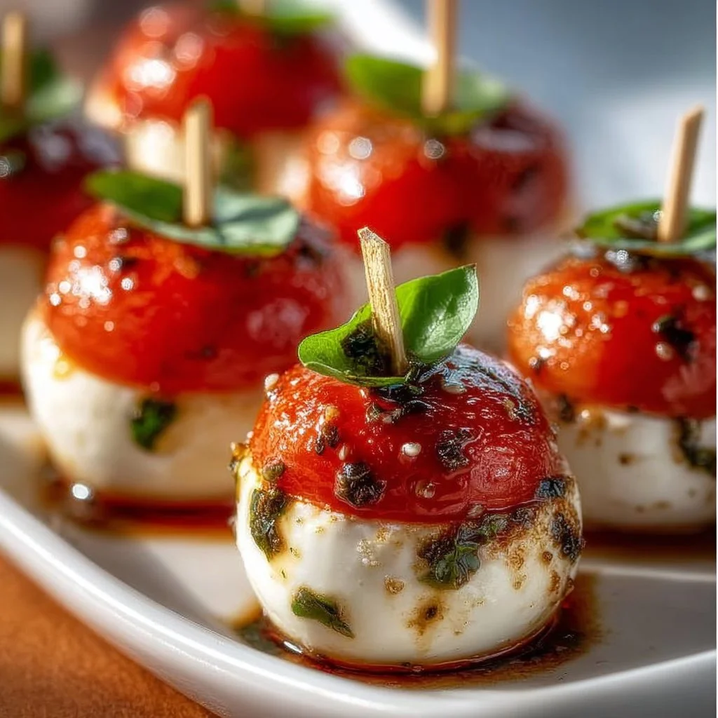 Mini Caprese Bites with mozzarella, tomatoes, basil, and balsamic drizzle.