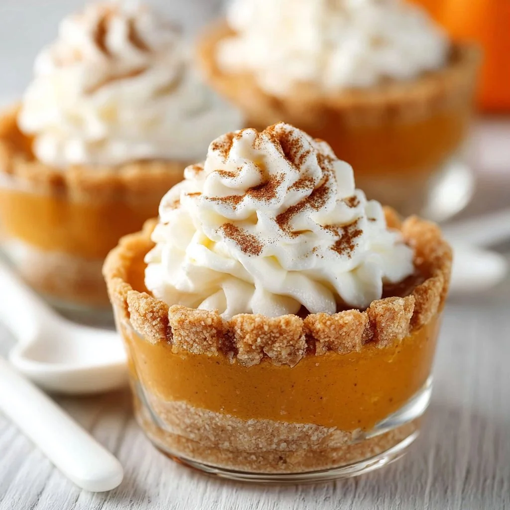 Mini no bake pumpkin pies garnished with whipped cream