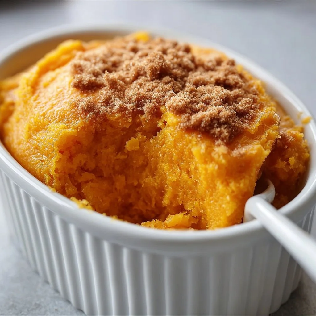 Moist sweet potato souffle served in a dish with a golden topping