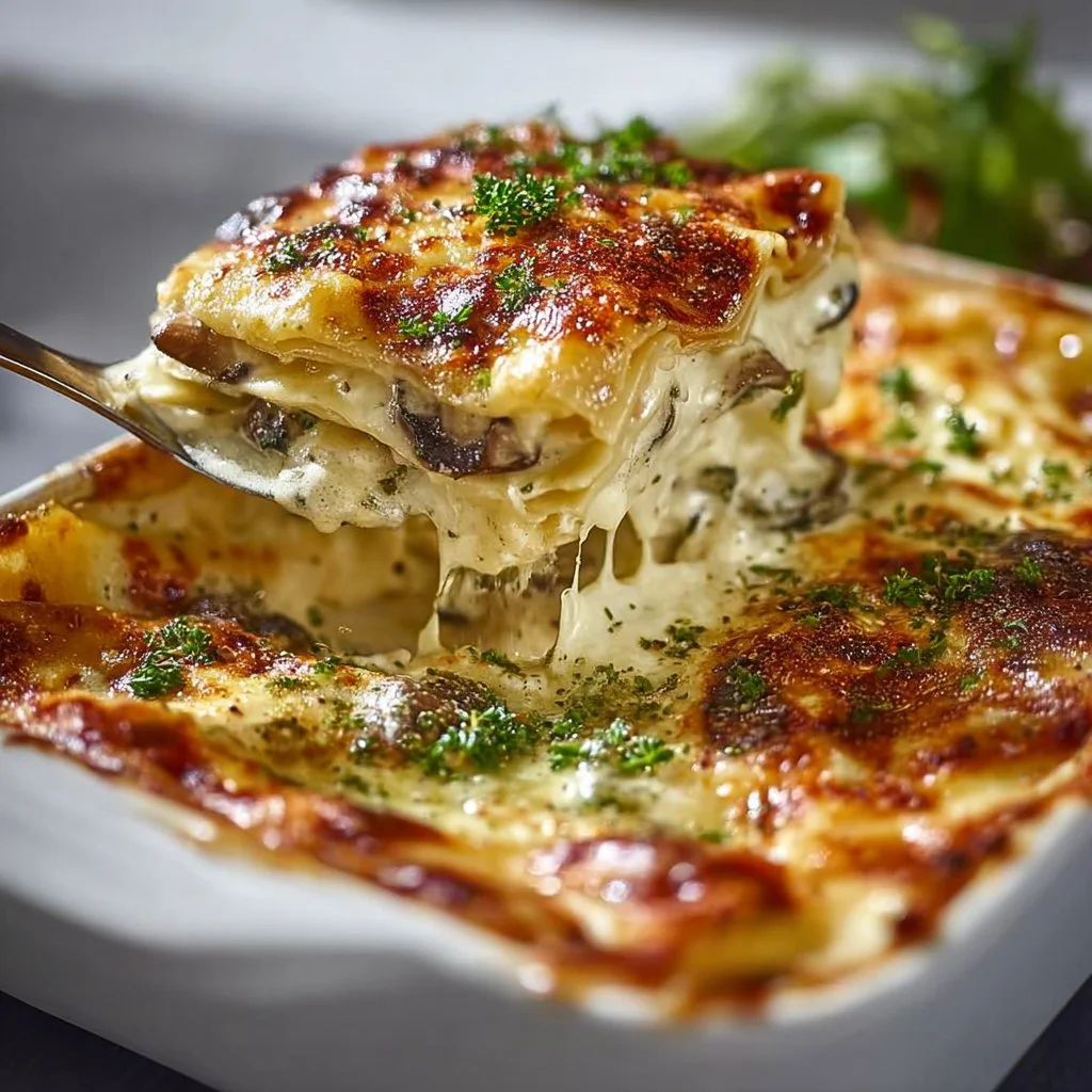 Delicious Mushroom Lasagna with layers of mushrooms and creamy sauce