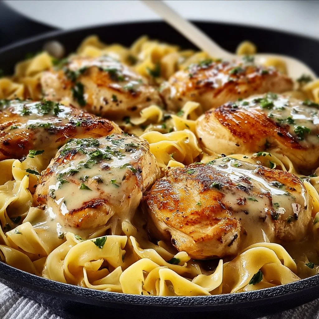 One-Pan Chicken with Buttered Noodles dish ready to serve