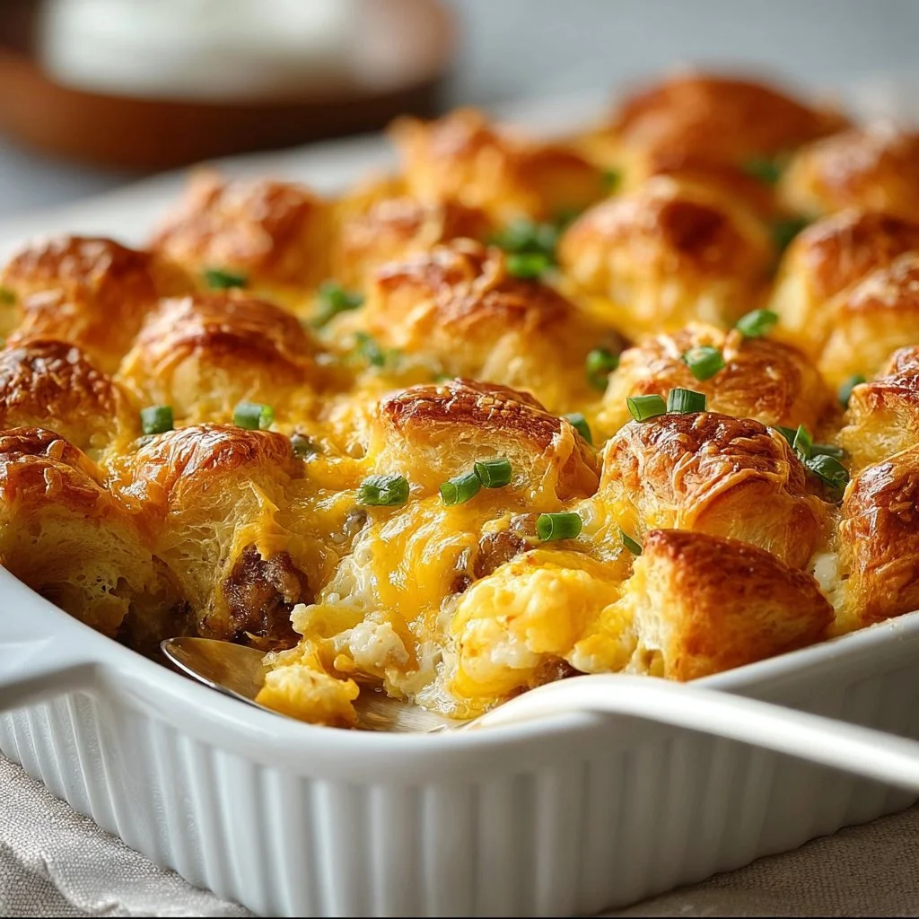 Overnight croissant breakfast casserole topped with berries and syrup.