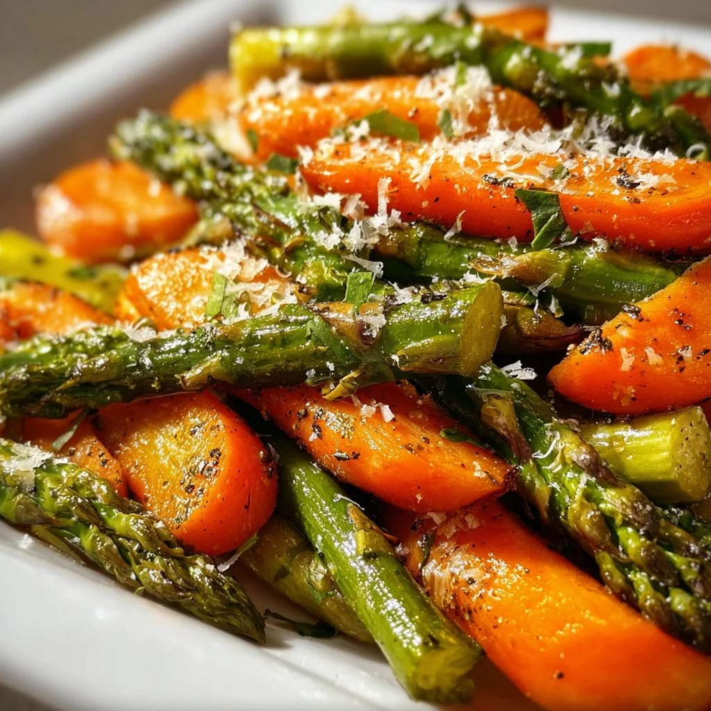 Bowl of Parmesan roasted asparagus and carrot medley.