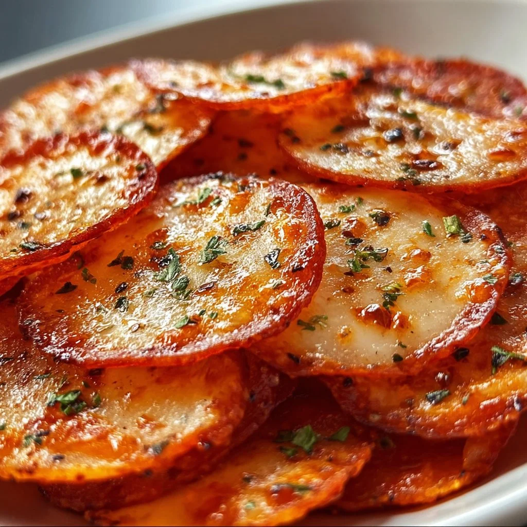 Homemade pepperoni cheese crisps on a plate with herbs.