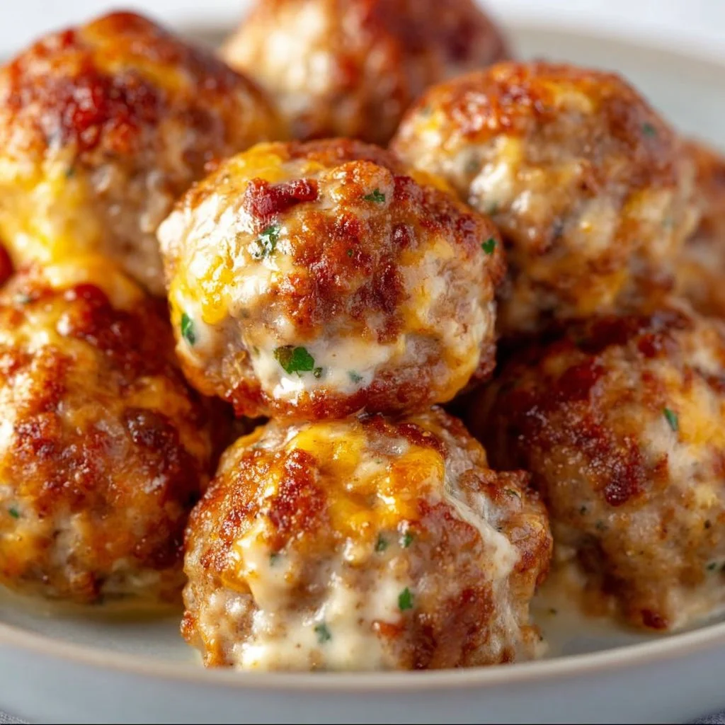 Delicious Pioneer Woman Rotel Cream Cheese Sausage Balls served on a platter