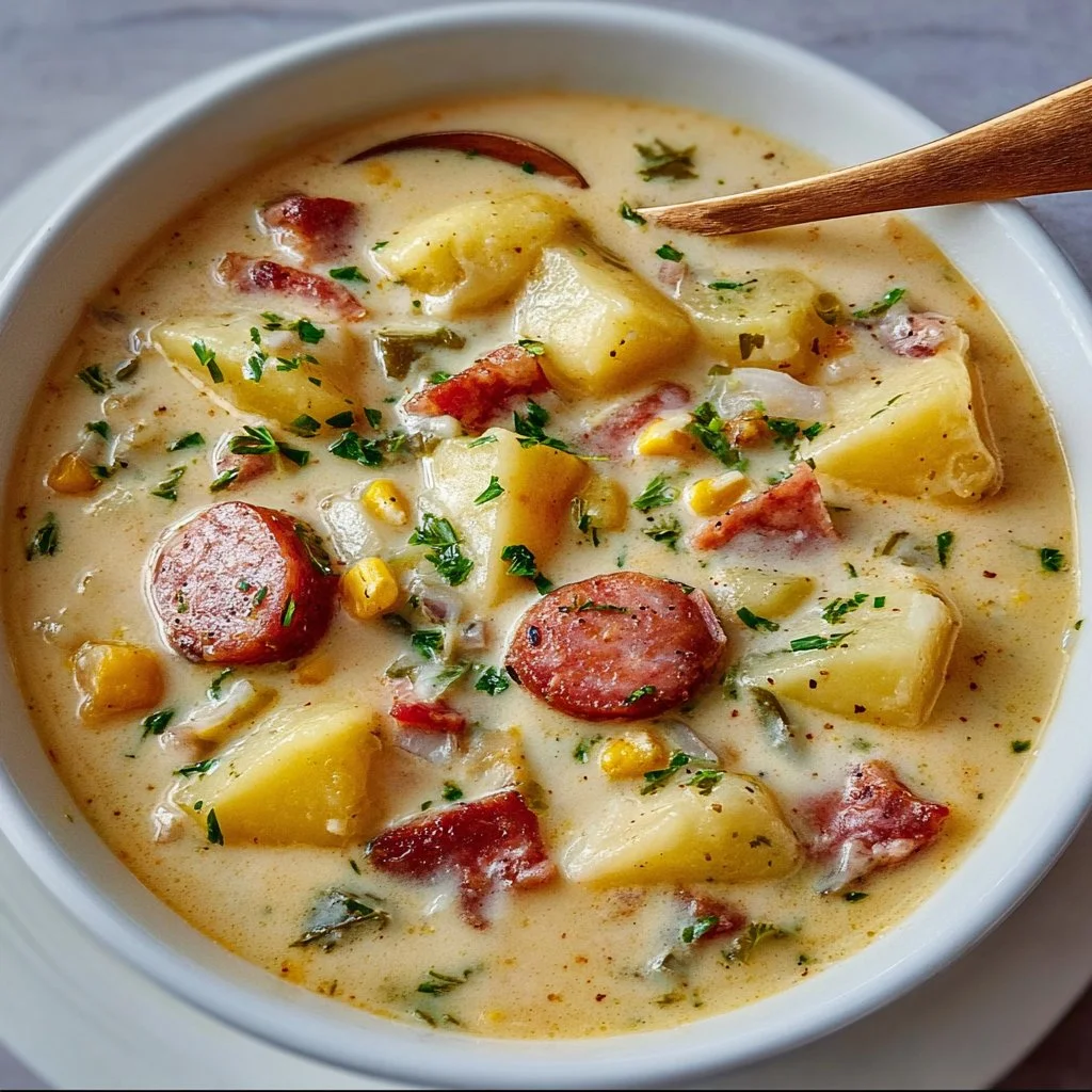 Bowl of creamy Potato and Sausage Chowder garnished with parsley