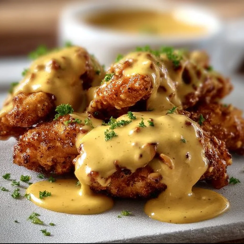 Delicious Pretzel Chicken drizzled with Mustard-Cheddar Sauce