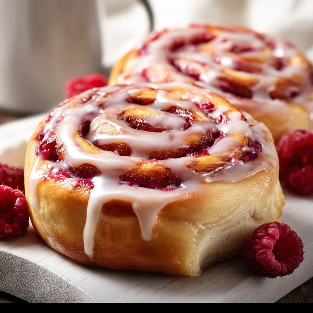 Raspberry cinnamon rolls drizzled with lemon glaze on a white plate