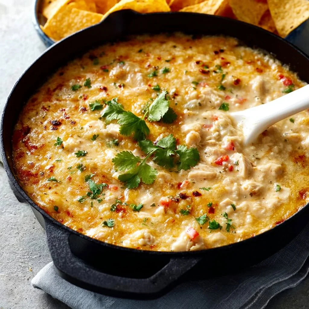 Creamy white chicken chili dip served in a skillet with toppings.