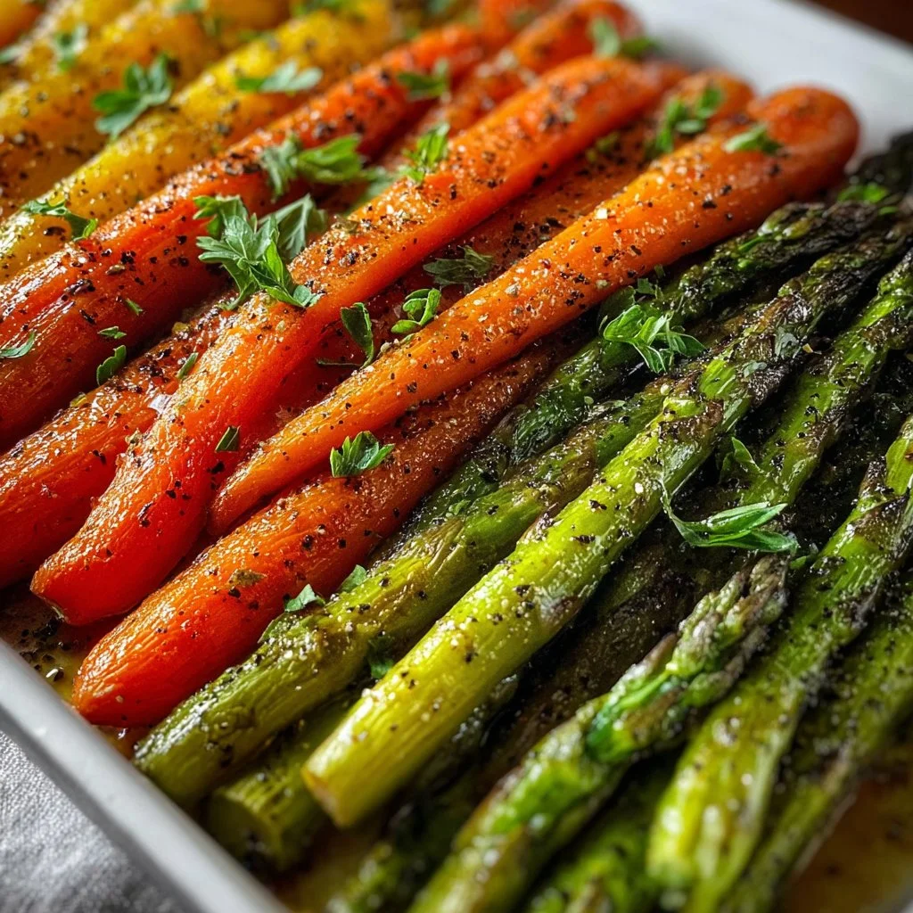 Plate of roasted asparagus and carrots garnished with herbs