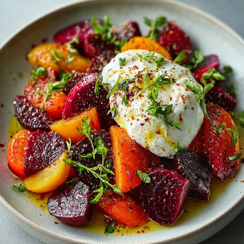 Delicious roasted beets salad with carrots and burrata cheese.
