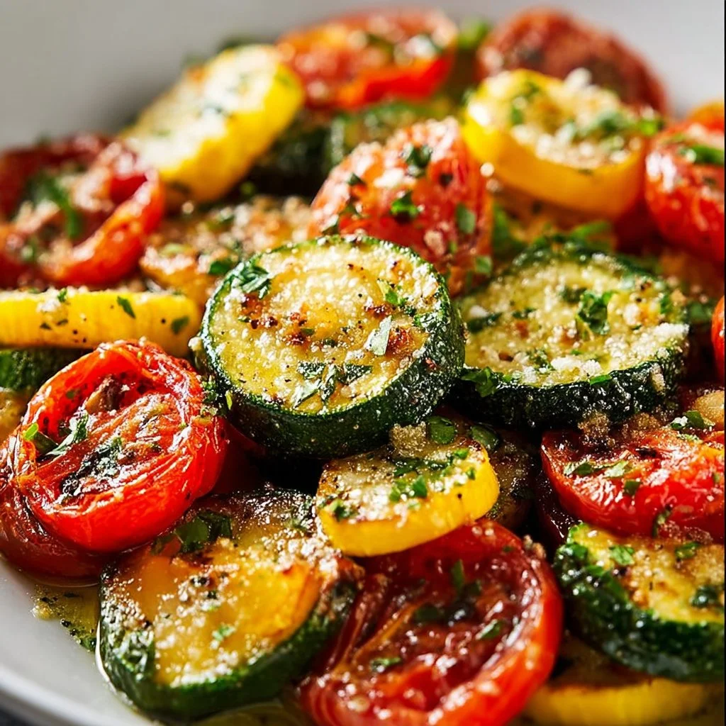 Roasted garlic-parmesan zucchini squash and tomatoes on a plate
