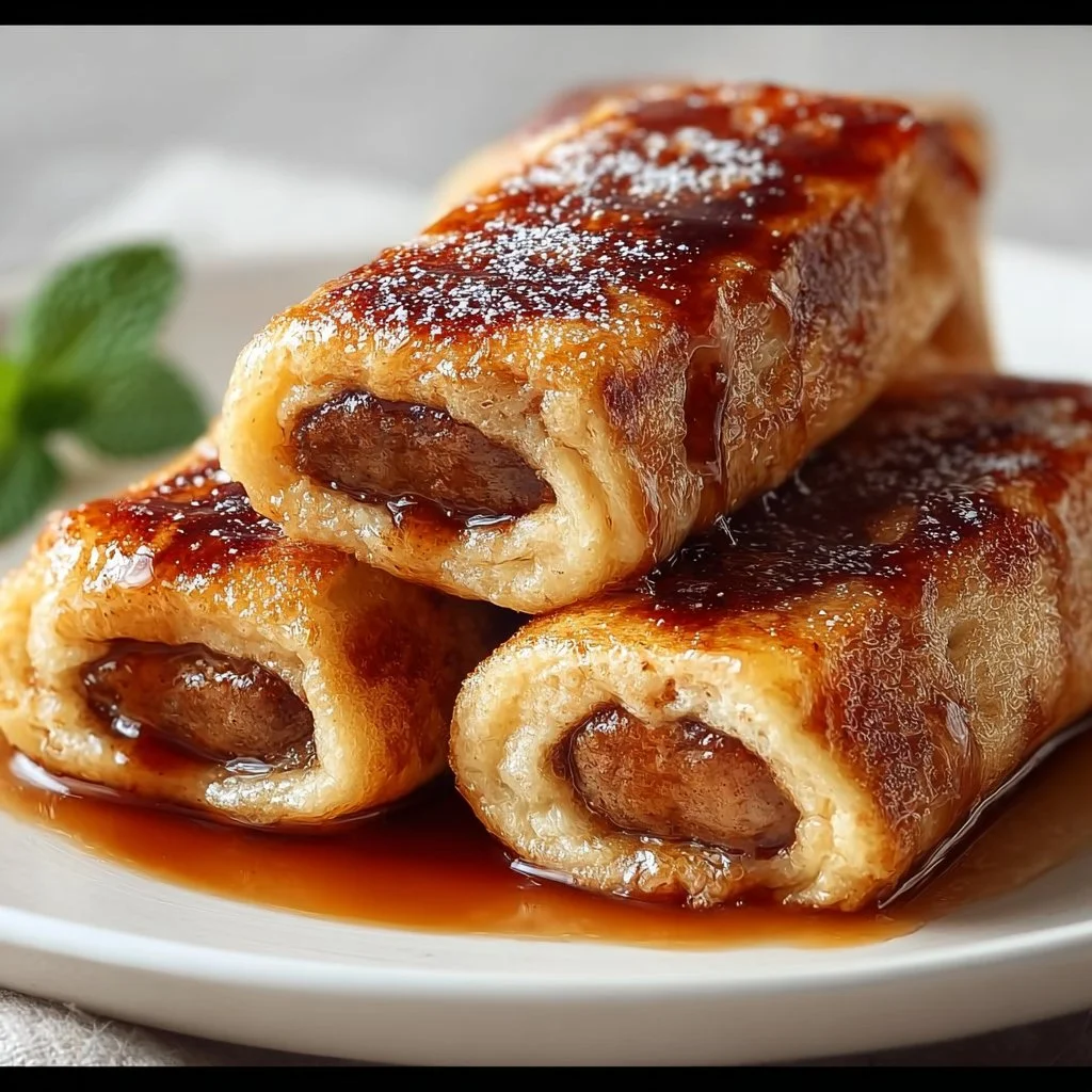 Delicious Sausage French Toast Roll-Ups served on a plate with syrup
