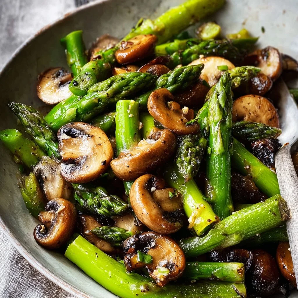 Sautéed asparagus and mushrooms served in a skillet, showcasing vibrant colors and freshness.