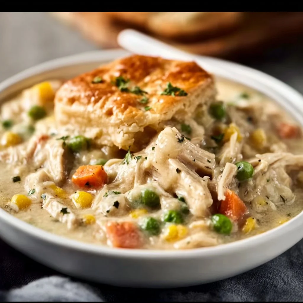 Delicious slow cooker chicken pot pie served with fresh herbs and flaky crust