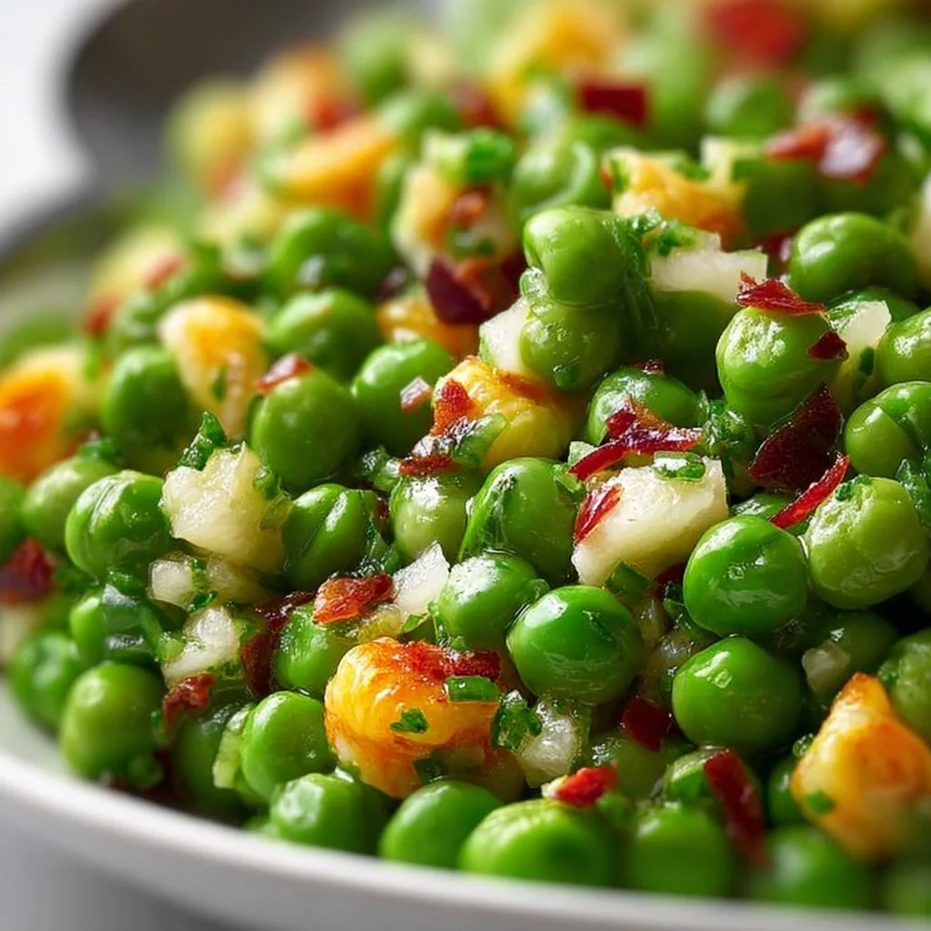 A vibrant Southern pea salad mix with peas, herbs, and dressing in a serving bowl.