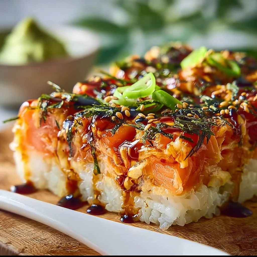 Colorful Spicy Salmon Sushi Bake in a baking dish, garnished with green onions and sesame seeds