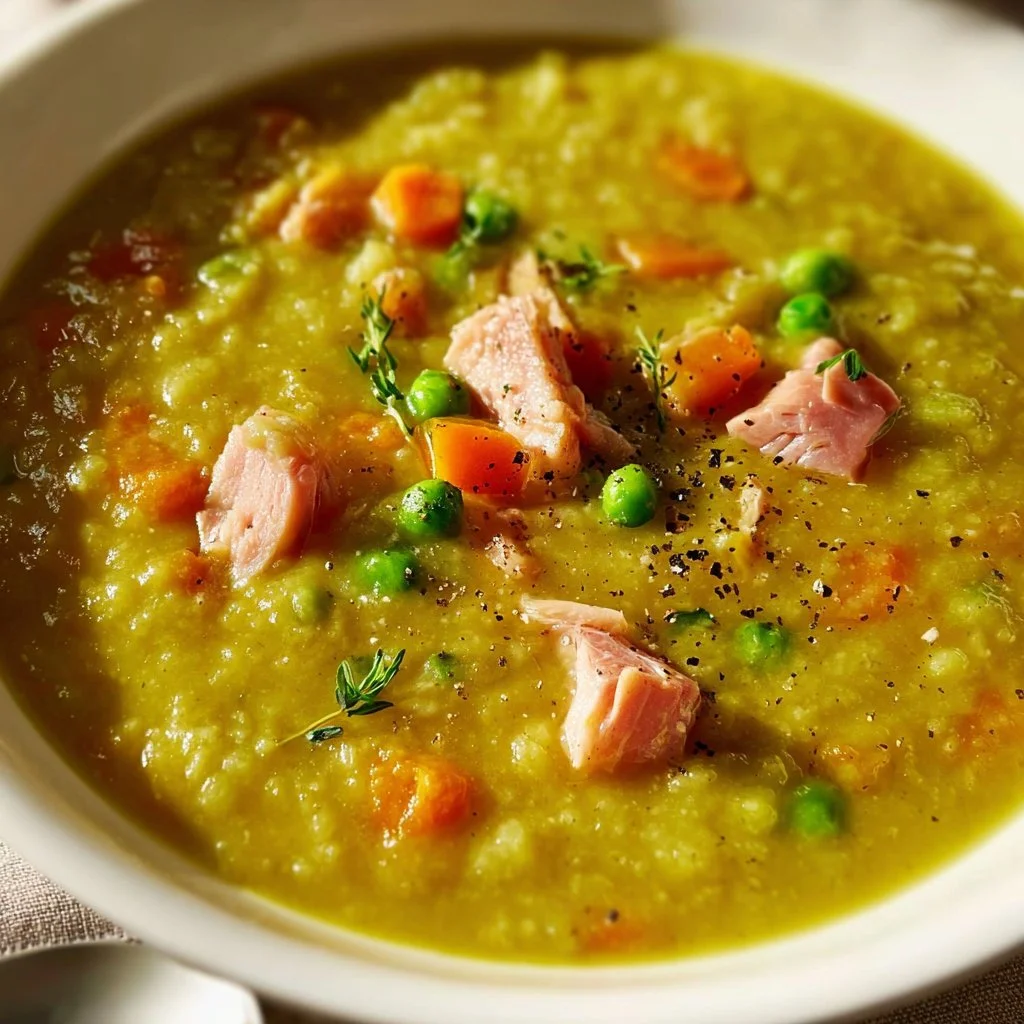 Bowl of split pea soup with ham bone and fresh herbs garnishing the top.