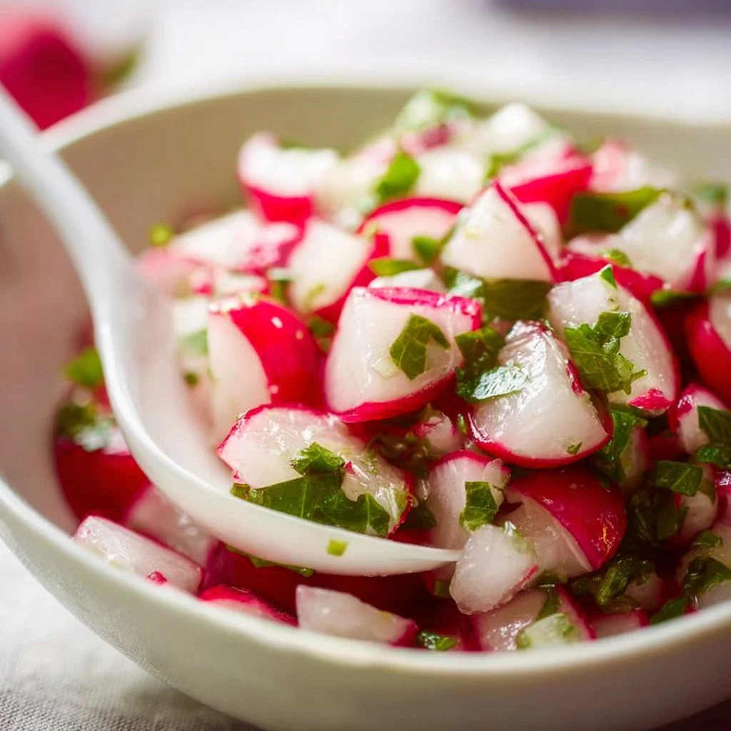 Fresh and colorful spring radish salad with greens and dressing