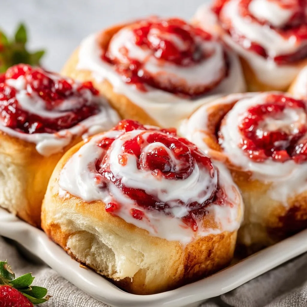 Delicious Strawberry Cheesecake Cinnabon Rolls ready to enjoy.