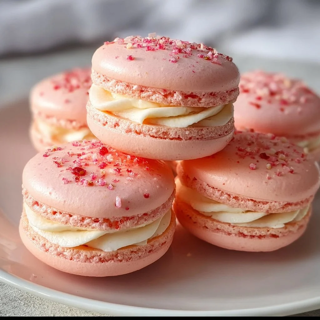 Strawberry cheesecake macarons on a decorative plate