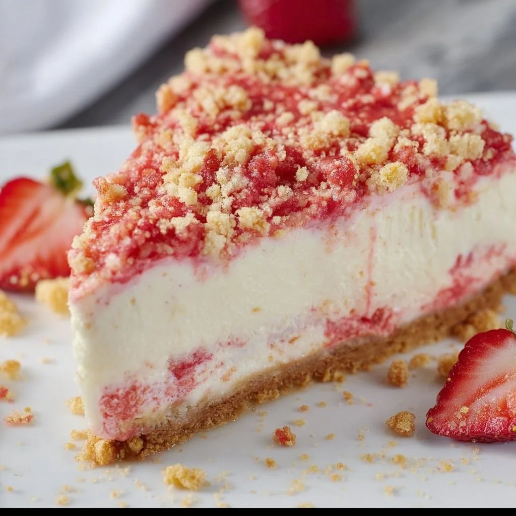 Slice of Strawberry Crunch Cheesecake with vibrant strawberries on top