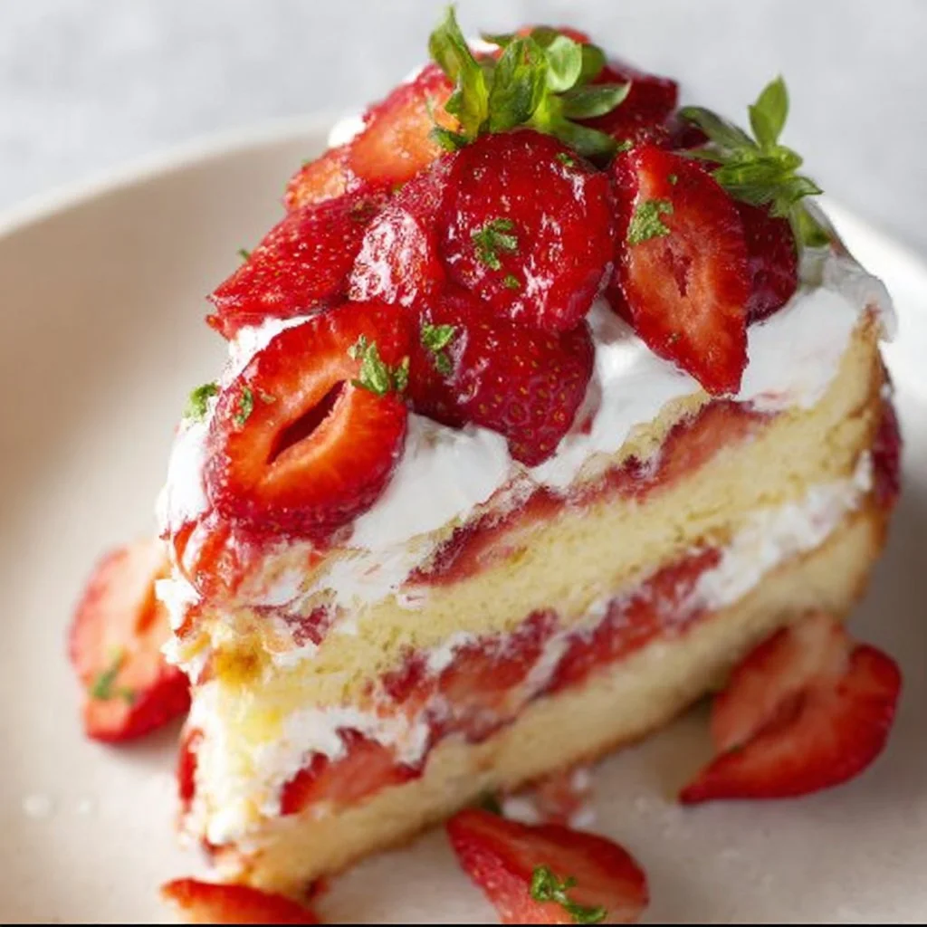 Delicious strawberry shortcake dessert with layers of cream and fresh berries