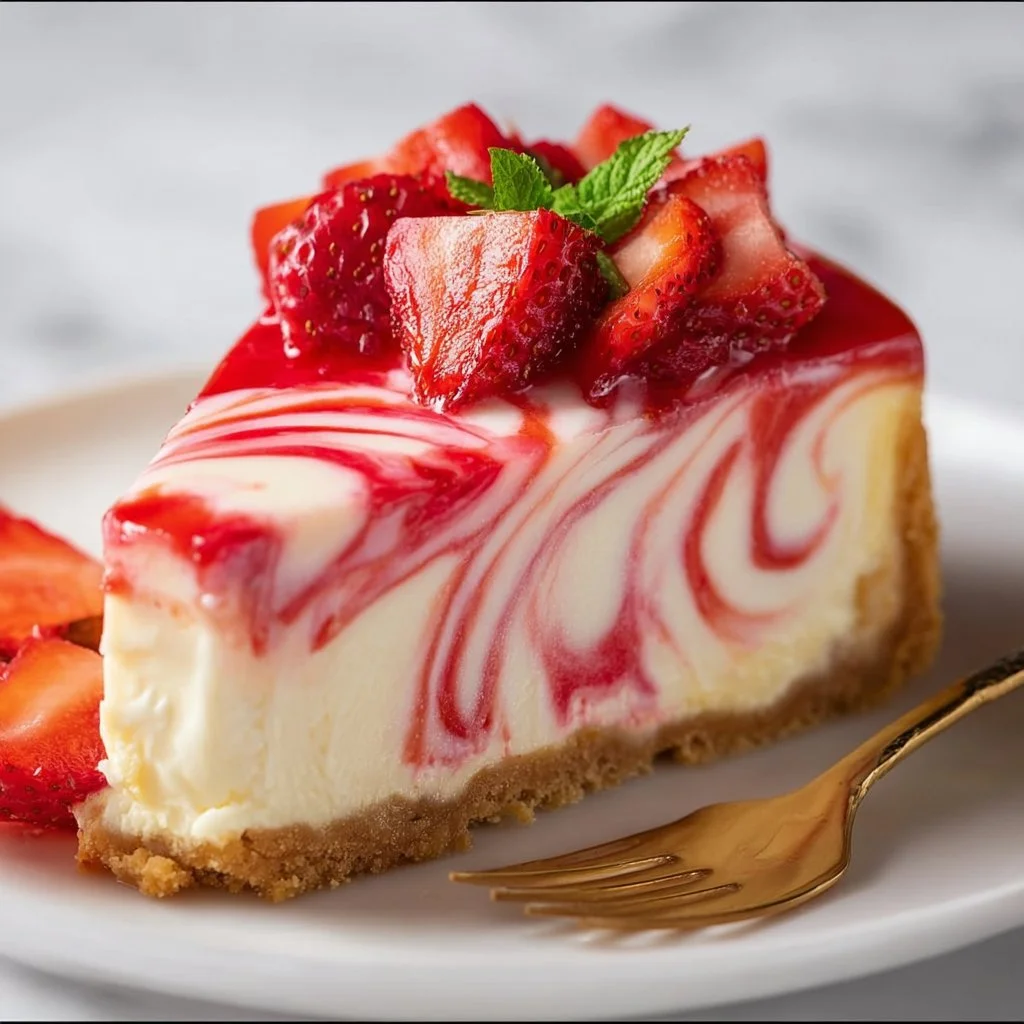 Delicious strawberry swirl cheesecake topped with fresh strawberries.