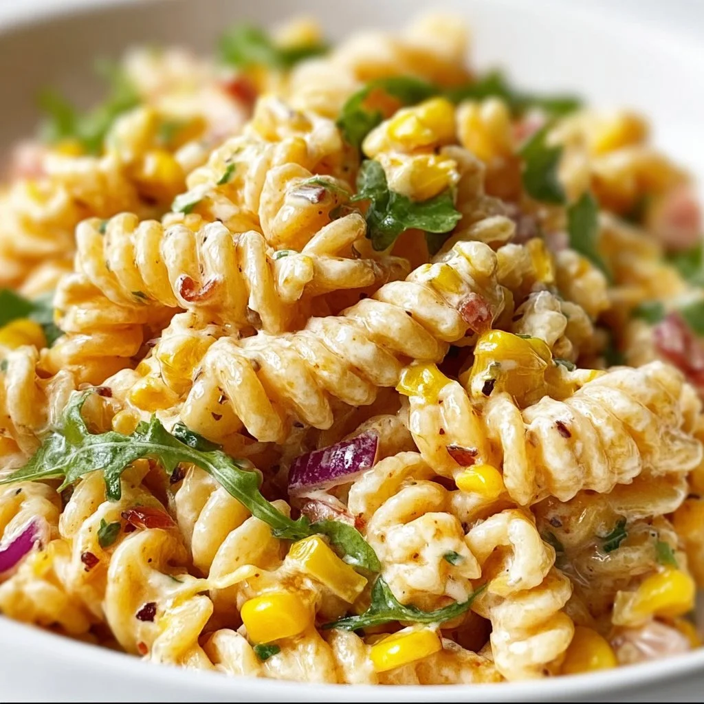 Delicious street corn pasta salad with fresh ingredients and vibrant colors.