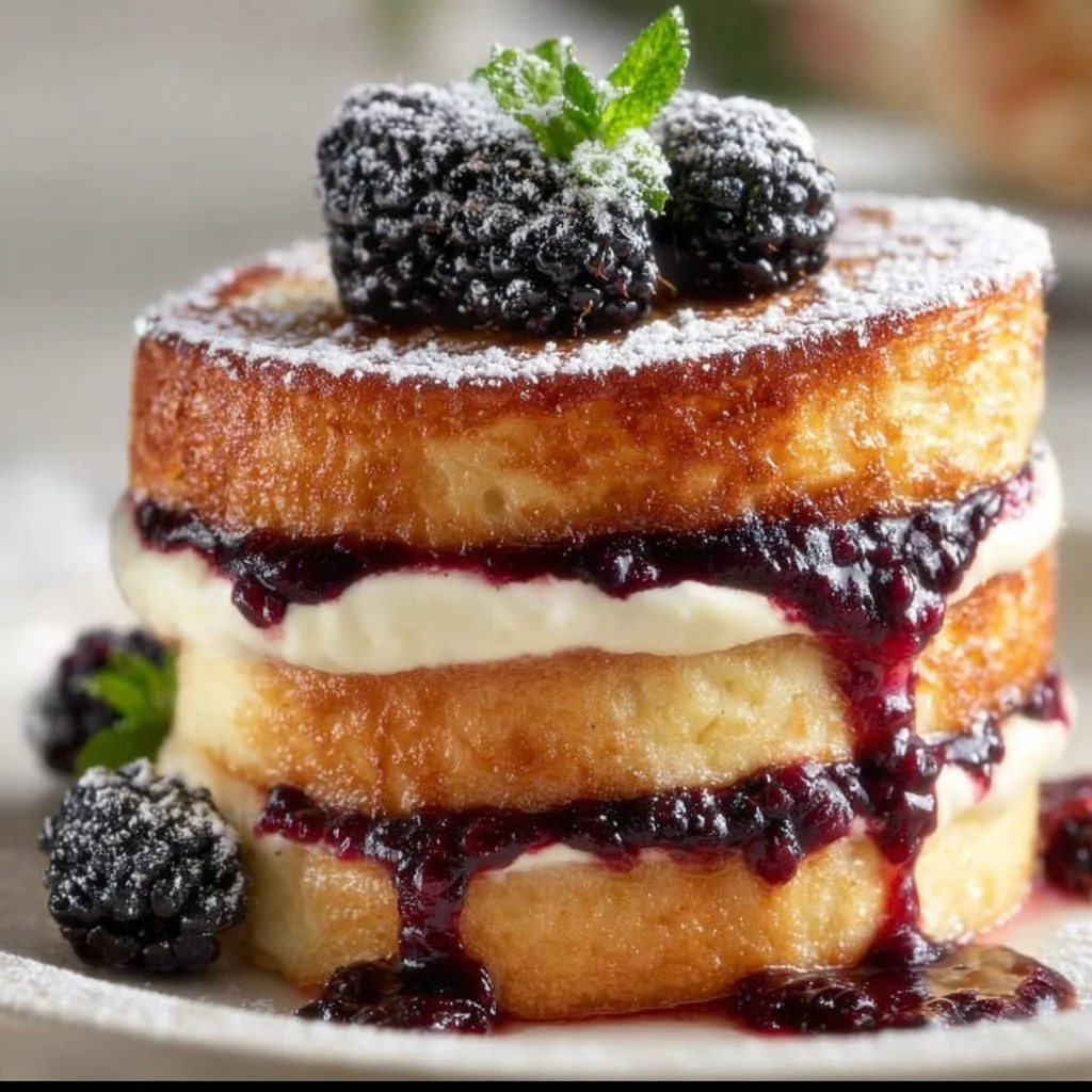Delicious stuffed French toast topped with blackberry compote and fresh berries.