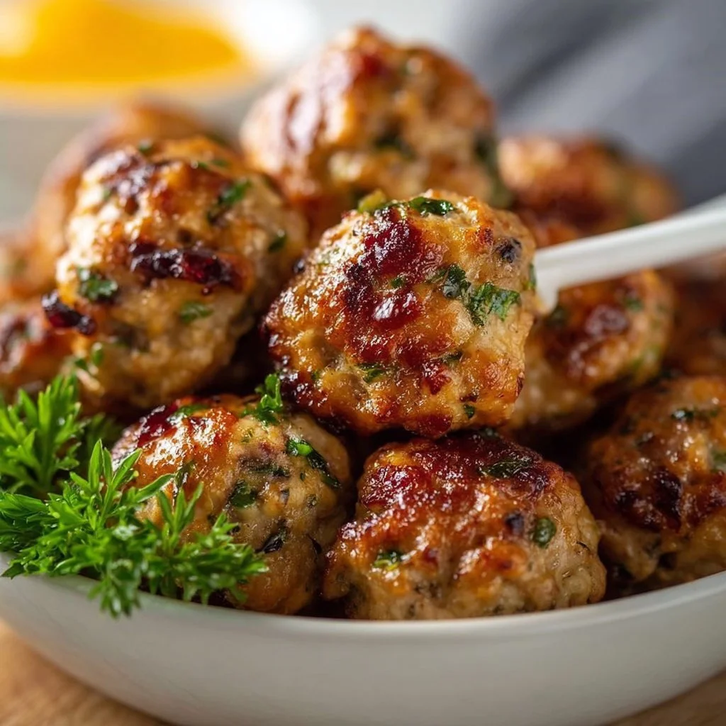 Delicious stuffing sausage balls baked and ready to serve.