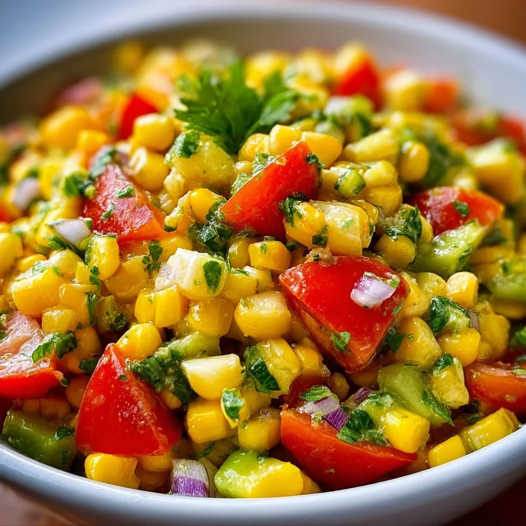 Fresh summer corn salad with colorful vegetables in a bowl