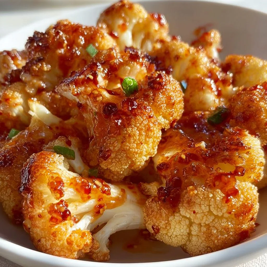 Delicious sweet and spicy baked cauliflower dish garnished and ready to serve
