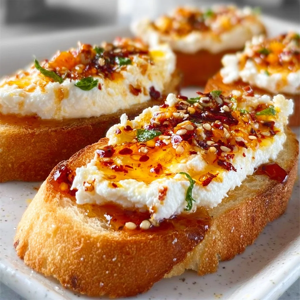 Sweet and spicy whipped feta crostini topped with herbs on a wooden serving board